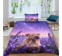 EMYXPAQM Housse De Couette Shar-Pei Chinois Microfibre 3D Parure De Lit Imprimé Champ de Lavande avec Fermeture Éclair & Taies d'oreiller Cadeau Fête Anniversaire Single（135x200cm）