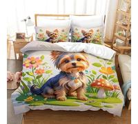 EMYXPAQM Housse De Couette Yorkshire Terrier Fleur Champignon Papillon 3D Imprimée - Parure Microfibre Fermeture Éclair Adolescents Single（140x200cm）