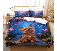 EMYXPAQM Housse De Couette Yorkshire Terrier Microfibre 3D Parure De Lit Imprimée Arbre de Cerisier en Fleur avec Fermeture Éclair & Taie d'oreiller pour Adulte Enfant Super King（260x220cm）