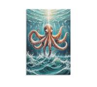 EMYXPAQM Impression Sur Toile Avec Poulpe Tableau Sur Toile Pieuvre Géant Vagues Haut De Gamme Déco Maison Pour Chambre Cuisine Bar Idée Cadeau 20x30inch(50x75cm)
