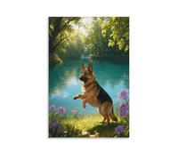 EMYXPAQM Tableau Sur Toile Berger Allemand Tableau Decoration Murale Salon Bord du Lac Prairie Peinture Sur Toile Déco Maison Pour Salon Chambre Cuisine Idée Cadeau 08x12inch(20x30cm)