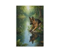 EMYXPAQM Tableau Sur Toile Berger Allemand Tableau Decoration Murale Salon Ruisseau Forêt Peinture Sur Toile Déco Maison Pour Chambre Cuisine Bar Idée Cadeau 16x24inch(40x60cm)