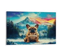 EMYXPAQM Tableau Sur Toile Bouledogue Français Tableau Decoration Murale Salon Mountain Bois Impression Sur Toile Déco Maison Pour Cuisine, Salon, Chambre Idée Cadeau 16x24inch(40x60cm)