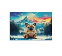 EMYXPAQM Tableau Sur Toile Bouledogue Français Tableau Decoration Murale Salon Mountain Bois Impression Sur Toile Déco Maison Pour Salon Chambre Cuisine Idée Cadeau 16x24inch(40x60cm)