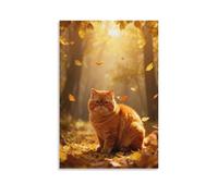 EMYXPAQM Tableau Sur Toile Chat à Poil Court Tableau Decoration Murale Salon Bois de Feuilles Jaunes Peinture Sur Toile Maison Décorations Pour Chambre Cuisine Bar Cadeau Original 20x30inch(50x75cm)