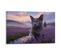 EMYXPAQM Tableau Sur Toile Chat Bleu Russe Impression Sur Toile Tableau Décoration Murale Mer Fleurs Violettes Déco Maison Pour Salle De Bain Bureau Cuisine 16x24inch(40x60cm)