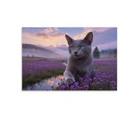 EMYXPAQM Tableau Sur Toile Chat Bleu Russe Impression Sur Toile Tableau Décoration Murale Salon Mer Fleurs Violettes Maison Décorations Pour Cuisine, Salon, Chambre Adulte 16x24inch(40x60cm)