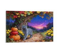 EMYXPAQM Tableau Sur Toile Chat Bleu Russe Tableau Decoration Murale Salon Moderne Grand Arbre à Citrouilles Peinture Sur Toile Pour Chambre, Salle De Bains, Salon Cadeau Original 20x30inch(50x75cm)
