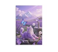 EMYXPAQM Tableau Sur Toile Chat Chartreux Tableau Decoration Murale Salon Moderne Lavender Mer de Fleurs Impression Sur Toile Déco Maison Pour Maison Bain Salon Chambre Idée Cadeau 08x12inch(20x30cm)