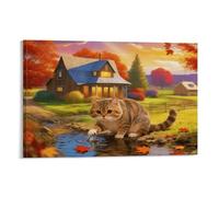 EMYXPAQM Tableau Sur Toile Chat Mignon Tableau Decoration Murale Salon Moderne Village d'Automne Peinture Sur Toile Déco Maison Pour Chambre, Salle De Bains, Salon Cadeau Original 08x12inch(20x30cm)