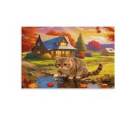 EMYXPAQM Tableau Sur Toile Chat Mignon Tableau Decoration Murale Salon Moderne Village d'Automne Peinture Sur Toile Déco Maison Pour Chambre À Coucher Salon Entrée Cadeau Original 12x18inch(30x45cm)