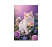 EMYXPAQM Tableau Sur Toile Chat Munchkin Tableau Decoration Murale Salon Moderne Buisson de Roses Impression Sur Toile Déco Maison Pour Chambre, Salle De Bains, Salon Idée Cadeau 12x18inch(30x45cm)