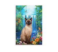 EMYXPAQM Tableau Sur Toile Chat Siamois Tableau Decoration Murale Salon Buisson Fleuri Cascade Peinture Sur Toile Maison Décorations Pour Cuisine, Salon, Chambre Adulte Idée Cadeau 12x18inch(30x45cm)