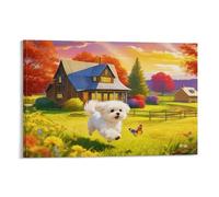 EMYXPAQM Tableau Sur Toile Chien Maltais Tableau Decoration Murale Salon Moderne Village d'Automne Peinture Sur Toile Déco Maison Pour Cuisine, Salon, Chambre Adulte Idée Cadeau 16x24inch(40x60cm)