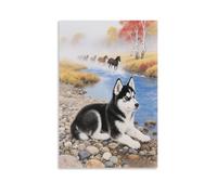 EMYXPAQM Tableau Sur Toile Chiot Husky Tableau Decoration Murale Salon Moderne Troupeau de Chevaux Impression Sur Toile Déco Maison Pour Cuisine, Salon, Chambre Adulte Idée Cadeau 20x30inch(50x75cm)