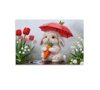 EMYXPAQM Tableau Sur Toile Lapin Angora Tableau Decoration Murale Salon Moderne Parapluie et Fleurs Peinture Sur Toile Déco Maison Pour Salon Chambre Cuisine Cadeau Original 16x24inch(40x60cm)