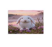 EMYXPAQM Tableau Sur Toile Lapin Blanc Impression Sur Toile Tableau Décoratif Moderne Fleurs Sauvages Humides Déco Maison Pour Salle De Bain Bureau Cuisine 12x18inch(30x45cm)