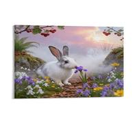 EMYXPAQM Tableau Sur Toile Lapin Impression Sur Toile Tableau Décoratif Moderne Bouquet Fleurs Sauvages Maison Décorations Pour Bain Salon Chambre Restaurant 08x12inch(20x30cm)