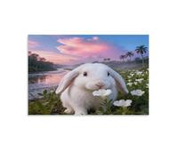 EMYXPAQM Tableau Sur Toile Lapin Peinture Sur Toile Tableau Decoration Murale Moderne Bouquet Fleurs Rivière Déco Maison Pour Salon Chambre Cuisine 20x30inch(50x75cm)