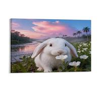 EMYXPAQM Tableau Sur Toile Lapin Peinture Sur Toile Tableau Decoration Murale Moderne Bouquet Fleurs Rivière Déco Maison Pour Chambre, Salle De Bains, Salon 20x30inch(50x75cm)