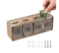 en bois avec 4 compartiments et support de rangement transparent | Tirelire pour économiser, dépenser et faire des dons pour filles, adultes, chambre à coucher, salon, bureau à domicile