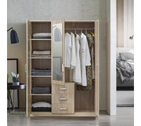[en.casa] Armoire de Chambre Penderie Moderne Garde-Robe avec 5 Étagères 3 Tiroirs et Miroir Intégré Meuble de Rangement MDF 176 x 120 x 52 cm Effet Chêne Sonoma