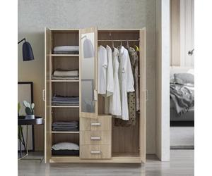 [en.casa] Armoire de Chambre Penderie Moderne Garde-Robe avec 5 Étagères 3 Tiroirs et Miroir Intégré Meuble de Rangement MDF 176 x 120 x 52 cm Effet Chêne Sonoma