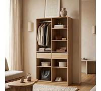 [en.casa] Armoire Ouverte Vippsaki avec 7 Compartiments de Rangement 2 Tiroirs Barre de Penderie Stockage pour Chambre Dressing Portant à Vêtements 200 x 100 x 50 cm Effet Chêne