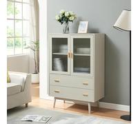 [en.casa] Armoire Vitrée avec 2 Portes 2 Tiroirs Vaisselier Meuble de Rangement pour Salon Chambre Bureau Salle à Manger MDF Verre Strié Bois de Pin 120 x 80 x 40 cm Beige