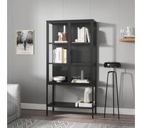 [en.casa] Armoire Vitrée avec 3 Compartiments de Rangement 2 Portes Buffet Haut Design Industriel Vaisselier pour Salon Bureau Acier Verre Trempé de 4 MM 160 x 80 x 35 cm Noir