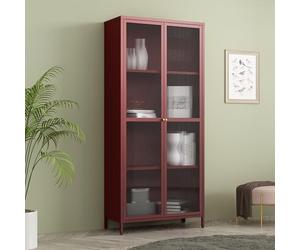 [en.casa] Armoire Vitrée Säkylä Acier 180 x 80 x 35 cm Rouge Bordeaux | vaisselier, buffet, meuble de rangement, design moderne, étagère, salon, salle à manger, bureau, entrée, bibliothèque