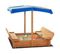 [en.casa] Bac à Sable Carré avec 2 Bancs Rabattables Couverture de Protection et Toit Imperméable Auvent Extérieur pour Enfants Solide Sapin Polyester Polyéthylène 120 x 120 x 120 cm Naturel Bleu Noir
