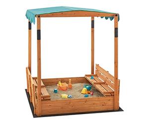 [en.casa] Bac à Sable Carré avec 2 Bancs Rabattables Couverture de Protection et Toit Réglable Auvent Extérieur pour Enfants Solide Sapin Polyester Polyéthylène 145 x 118 x 118 cm Naturel Vert Noir