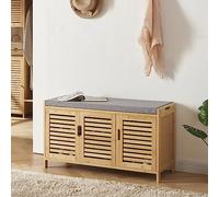 [en.casa] Banc à Chassures avec Coussin d'Assise Rembourrée Meuble d'Entrée avec Compartiment de Rangement Organisateur d'Entrée Bambou Polyuréthane Polyester 50 x 90 x 35 cm Naturel Gris