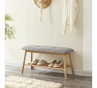[en.casa] Banc à Chaussures avec Coussin d'Assise Rembourrée et Étagère Meuble d'Entrée avec Espace de Rangement Bambou Polyuréthane Polyester 45 x 90 x 30 cm Naturel Gris
