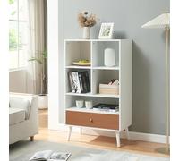 [en.casa] Bibliothèque avec 5 Compartiments Ouverts et Tiroir Étagère Autoportante Design Intemporel pour Salon Bureau MDF Bois de Pin 120 x 70 x 40 cm Blanc Effet Teck