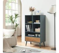 [en.casa] Bibliothèque avec 5 Compartiments Ouverts et Tiroir Étagère Autoportante Design Intemporel pour Salon Bureau MDF Bois de Pin 120 x 70 x 40 cm Gris Effet Chêne
