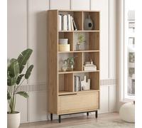 [en.casa] Bibliothèque Élégante Étagère Autoportante avec 8 Tablettes et Compartiment de Rangement Rabattable Panneau de Particules Métal 176 x 84 x 30 cm Effet Chêne Aspect Rotin Noir