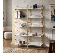 [en.casa] Bibliothèque Noskik 180 x 120 x 30 cm avec 5 Étagères de Rangement Moderne Pieds Réglables Stables pour Salon Chambre Bureau Métal Aggloméré Doré Effet Marbre Blanc