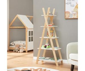 [en.casa] Bibliothèque pour Enfants avec 5 Compartiments de Tailles Différentes Étagère Forme de Tipi pour Livres Jouets Chambre Bois de Pin MDF 145 x 65 x 32 cm Naturel Blanc
