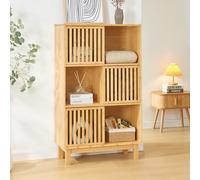 [en.casa] Bibliothèque Style Scandinave avec 3 Portes Coulissantes 6 Compartiments de Rangement Étagère Autoportante pour Salon Chambre Bambou 126 x 76 x 33 cm Naturel