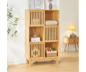 [en.casa] Bibliothèque Style Scandinave avec 3 Portes Coulissantes 6 Compartiments de Rangement Étagère Autoportante pour Salon Chambre Bambou 126 x 76 x 33 cm Naturel