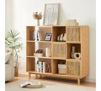 [en.casa] Bibliothèque Style Scandinave avec 3 Portes Coulissantes 9 Compartiments de Rangement Étagère Autoportante pour Salon Chambre Bambou 128 x 147 x 39 cm Naturel