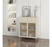 [en.casa] Buffet avec 2 Portes d'Armoire à Fermeture Magnétique Etagère 2 Tiroirs Vaisselier Commode Design Acier Verre Strié 97 x 80 x 40 cm Blanc Crème