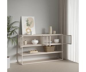 [en.casa] Buffet Design Intemporel avec 4 Portes 2 Compartiments Intérieurs Vaisselier Meuble de Rangement Commode Armoire pour Salon Salle à Manger Acier Verre Rainuré 150 x 38 x 90 cm Camel