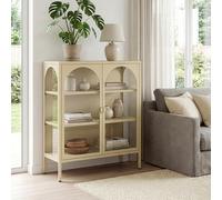 [en.casa] Buffet Haut Klippestad Armoire Vitrine avec 2 Portes Arquées Fermeture Magnétique 3 Compartiments Vaisselier pour Salon Salle à Manger Acier Verre Trempé 95 x 80 x 35 cm Camel