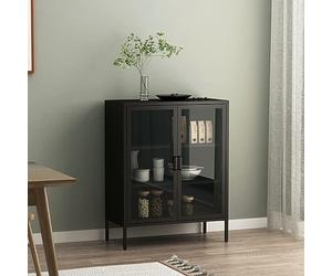 [en.casa] Buffet Métallique pour Salon Salle à Manger Meuble de Rangement avec Portes Vitrées Commode Élégante avec Étagères Acier Verre Trempé 102 x 80 x 40 cm Noir