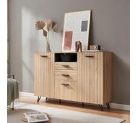 [en.casa] Buffet Moderne Meuble de Rangement avec 3 Portes et 2 Tiroirs Compartiment Ouvert Poignées Pratiques Stable pour Salon Chambre Bureau Panneau de Particules 100 x 150 x 38 cm Effet Chêne