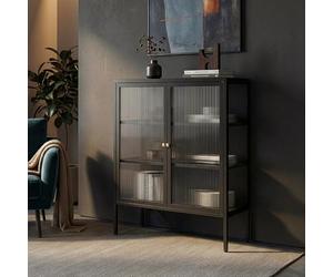 [en.casa] Buffet Moderne Meuble de Rangement Vaisselier avec 2 Portes Passage de Câbles Poignées Pratiques Façade Décorative Stable pour Salon Chambre Cuisine Acier Verre Trempé 100 x 80 x 30 cm Noir