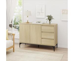 [en.casa] Buffet pour Salon Meuble de Rangement avec 3 Tiroirs et 2 Portes au Système Push-to-Open Commode Élégant et Moderne Stable Entrée Chambre MDF Métal 77 x 120 x 40 cm Effet Chêne Clair Noir